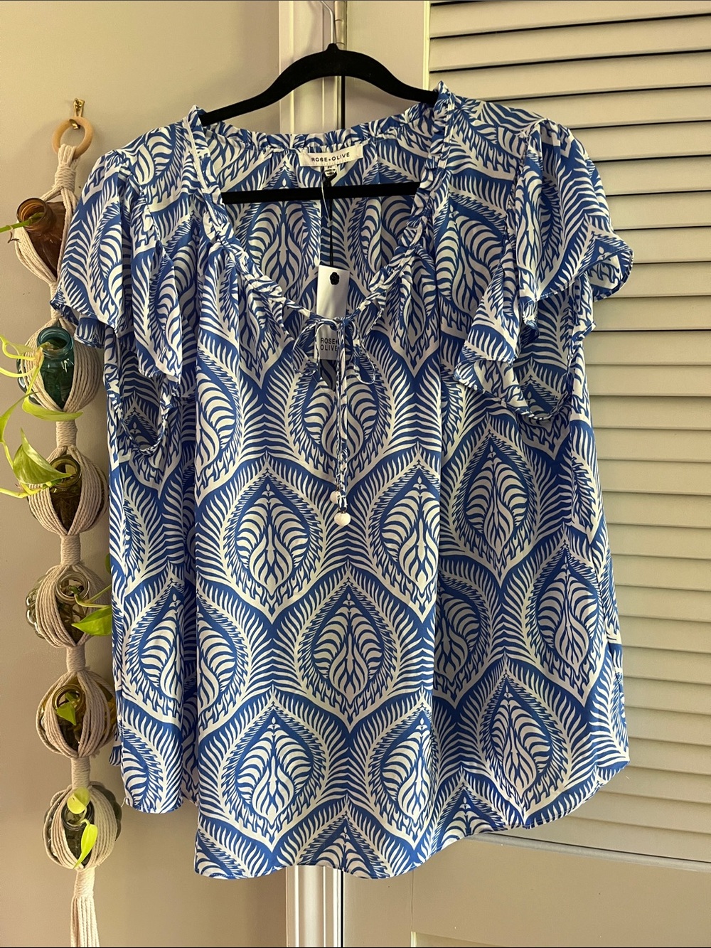 Rose & Olive Blue and White Ruffle Sleeve Peasant Top
